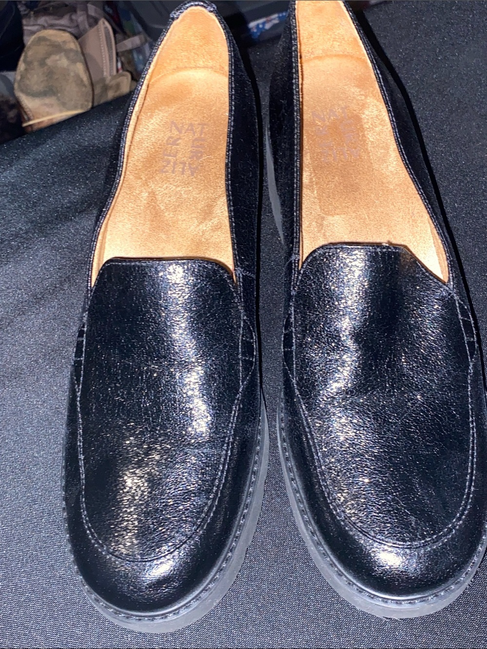 NATURALIZER WO SIZE 11M SLIP ON BLACK SHIMMERY LEATHER SUEDE SHOES   GUC CLEAN